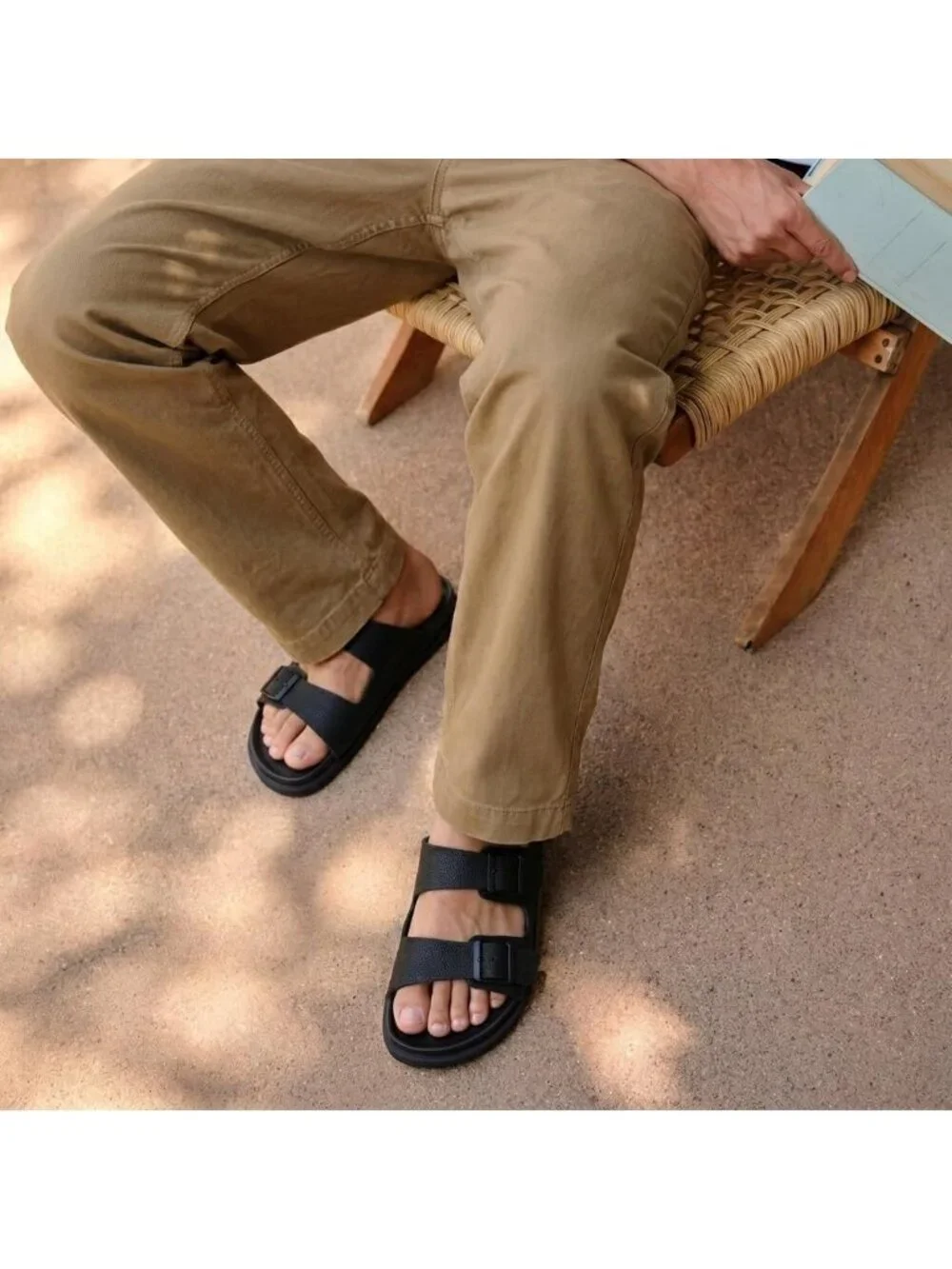 Men's Black Alpha Leather Sandals Casual Slip On Flat Adjustable Buckles